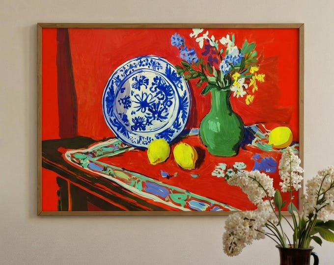 Vibrant Fauvism Still Life Art Print, Red Background, Blue & White Plate, Lemons, Green Vase, Colorful Wall Decor, Home Art Print