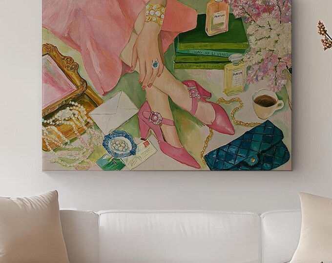 Preppy Wall Art Print, Chic Fashion Illustration, Pink Heels Painting, Feminine Room Decor, Coquette Aesthetic Art, Grandmillennial Decor