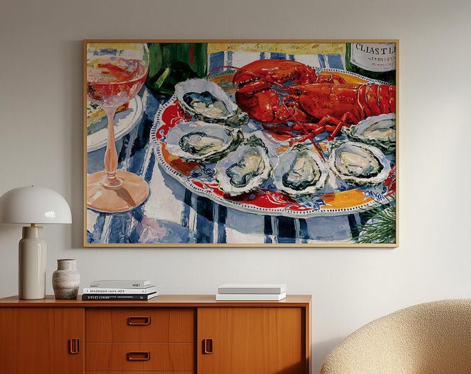 Lobster Oyster Oil Painting Print, Wine Glass Bottle Wall Art Print, Preppy Bar Cart Decor, Coastal Kitchen Art, Seafood Dining