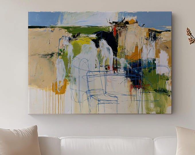 Blue Beige Abstract Wall Art Print, Modern Colorful Painting, Contemporary Canvas Print, Large Neutral Art, Mid Century Modern Decor