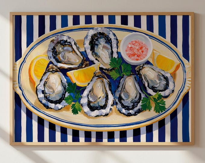 Oyster Wall Art Print, Coastal Kitchen Decor, Seafood Oil Painting, Blue Stripe Table Art, French Bistro Wall Decor, Nautical Canvas