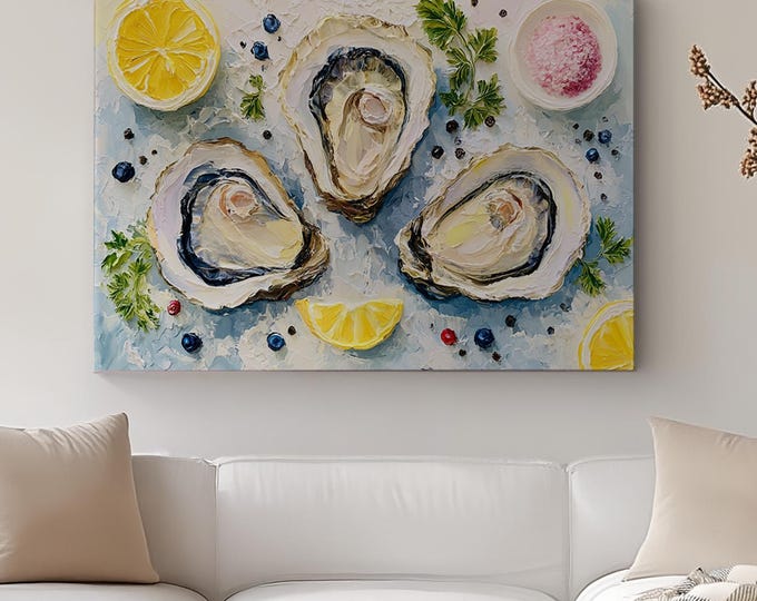 Oyster Wall Art Print, Coastal Kitchen Decor, French Seafood Painting, Lemon & Sea Salt Canvas, Mediterranean Dining Room Wall Art