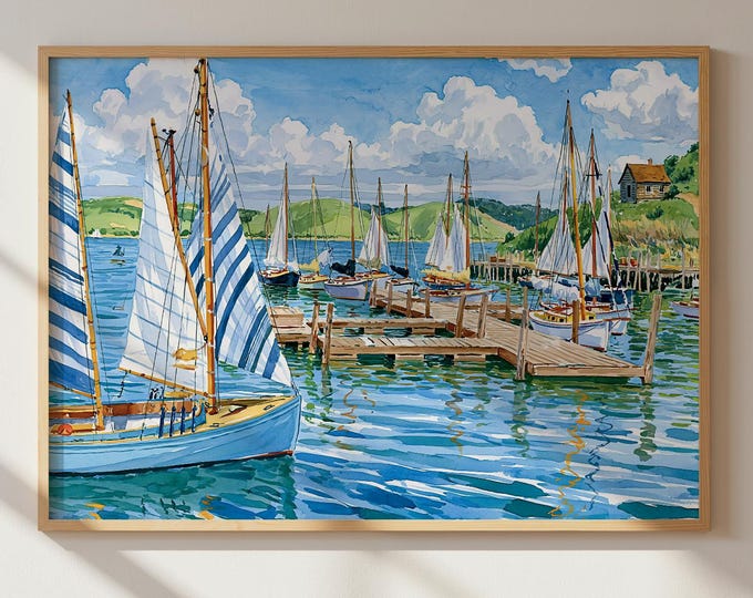 Watercolor Sailboat Wall Art Print, Coastal Home Decor, Nautical Marina Painting, Preppy Beach House Art, Coastal Grandmother Landscape