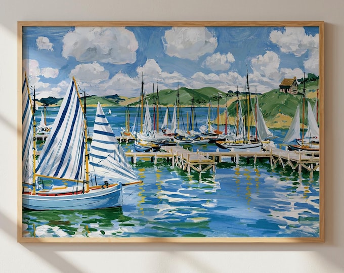 Watercolor Sailboat Wall Art Print, Coastal Home Decor, Nautical Marina Painting, Preppy Beach House Art, Coastal Grandmother Landscape