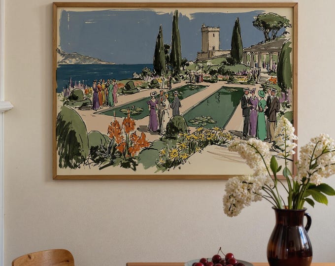 Mediterranean Villa Wall Art Print, Italian Coastal Landscape, Amalfi Coast Canvas, Old Money Decor, European Garden Painting