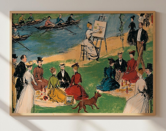 Vintage River Picnic Wall Art, Impressionist Garden Party Painting, Elegant Lakeside Gathering Print, French Country Decor