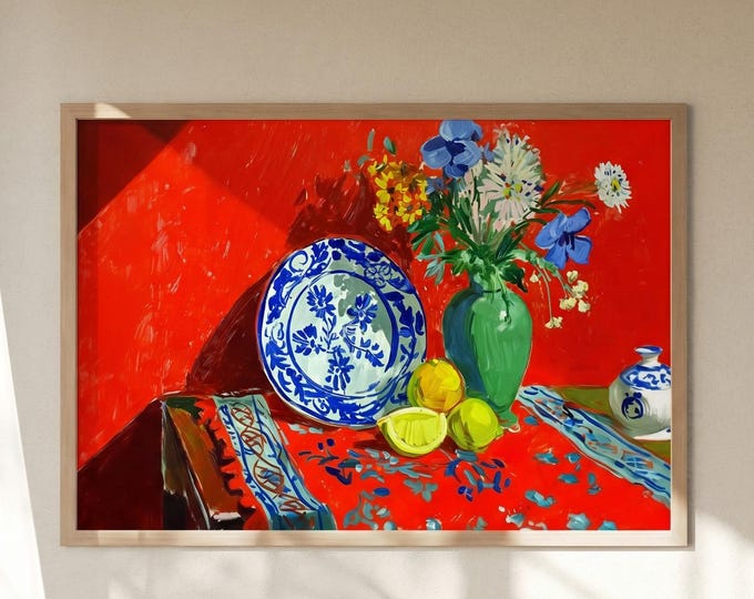 Vibrant Fauvism Still Life Art Print, Red Background, Blue & White Plate, Lemons, Green Vase, Colorful Wall Decor, Home Art Print