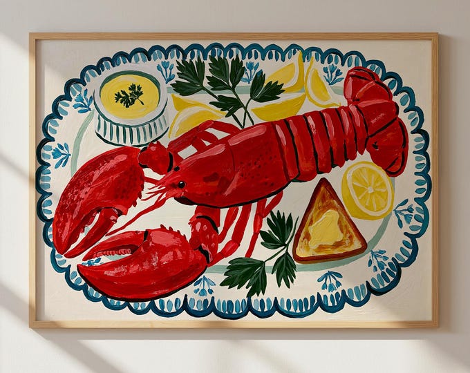 Coastal Lobster Wall Art Print, Nautical Kitchen Decor, French Seafood Painting, Lemon Lobster Canvas, Coastal Cottage Wall Decor