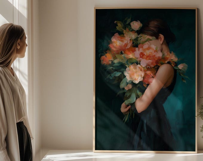 Moody Floral Portrait Oil Painting Print, Woman with Flowers Wall Art, Teal Room Decor, Fine Art Paper, Canvas, Framed Wall Art