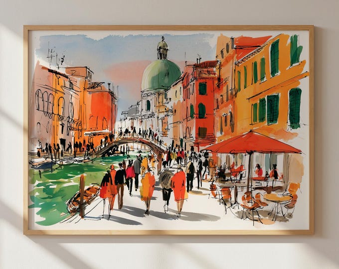 Venice Italy Wall Art Print, Colorful Canal Sketch, Venetian Street Painting, European Travel Decor, Mediterranean City Artwork