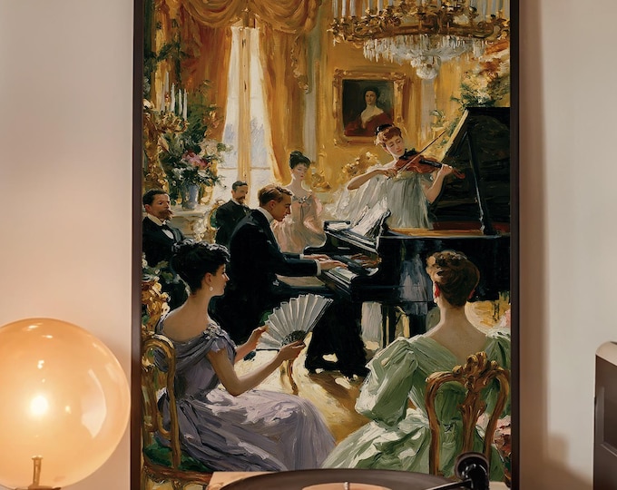 Elegant Piano Concert Wall Art Print, French Salon Painting, Classical Music Room Decor, Vintage European Interior Canvas Art