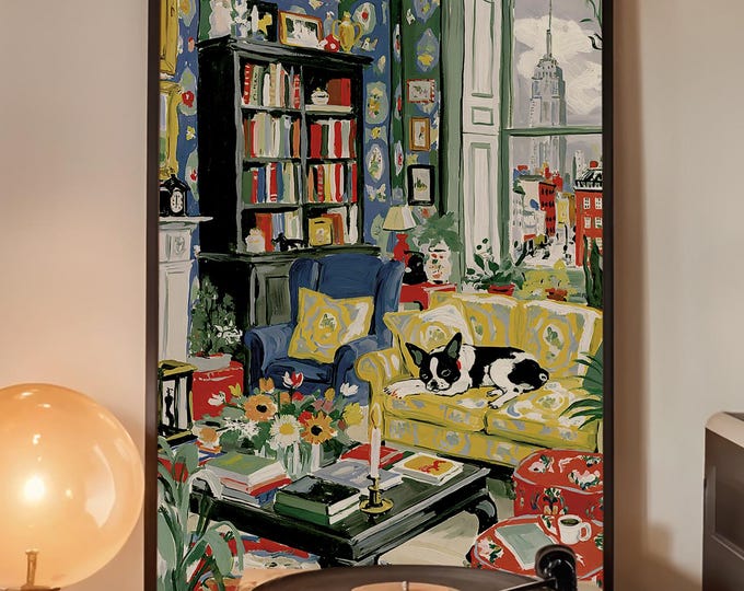 French Bulldog Art, Living Room Print, Grandmillennial Decor, Maximalist Poster, Cozy Reading Nook, Dog Mom Book Lover Gift