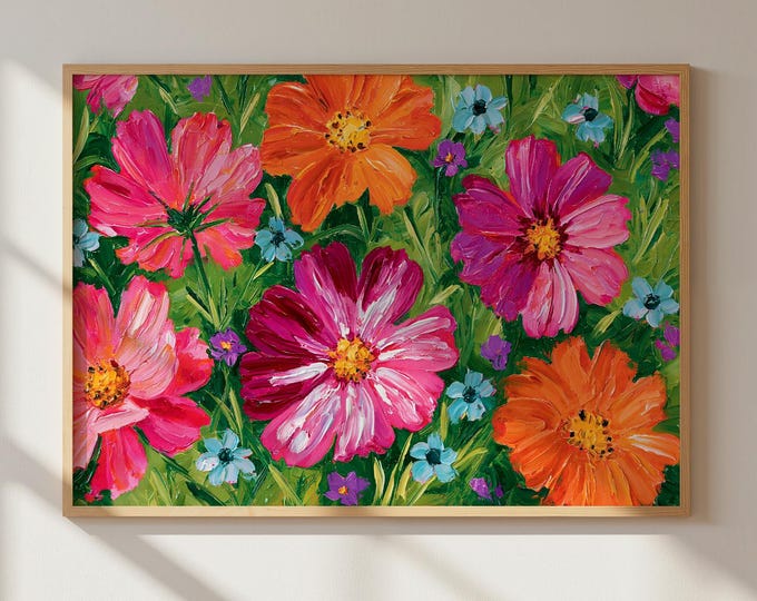 Colorful Floral Wall Art Print, Pink Orange Flower Painting, Wildflower Canvas Art, Botanical Wall Decor, Maximalist Home Decor