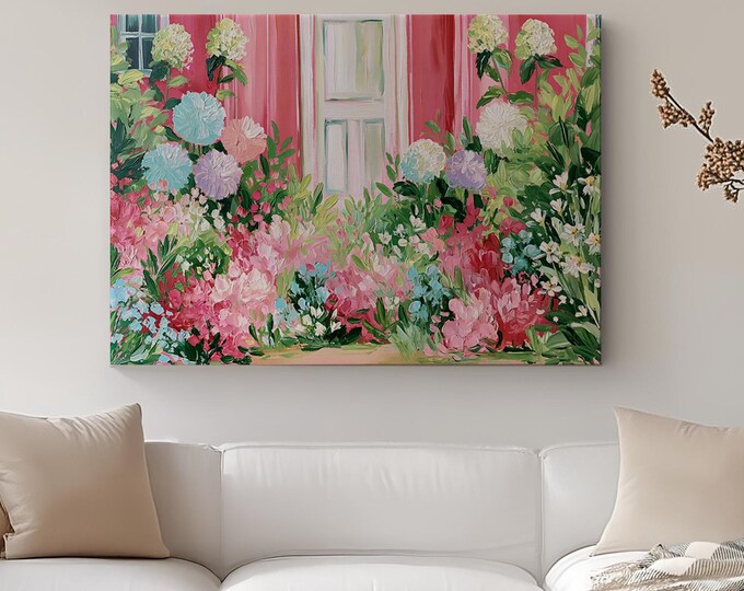 Pink House Wall Art Print, Hydrangea Flower Garden Painting, Cottage Garden Wall Decor, Impressionist Floral Canvas Art