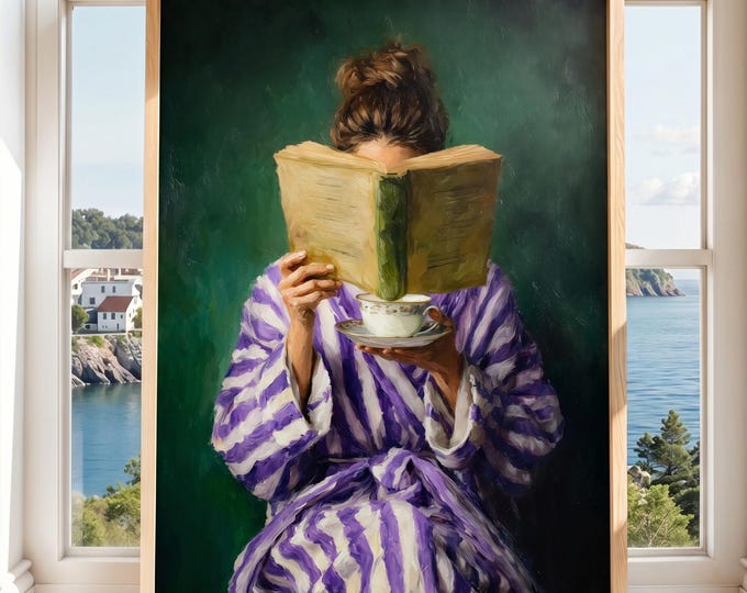 Green Oil Painting Print, Woman Reading Art, Vintage Style Wall Art, Cozy Aesthetic Canvas, Bedroom Decor, Soft Feminine Wall Decor