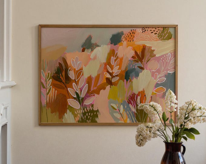 Colorful Abstract Botanical Wall Art Print, Maximalist Eclectic Decor, Vibrant Tropical Jungle Painting, Leopard Print Contemporary Art