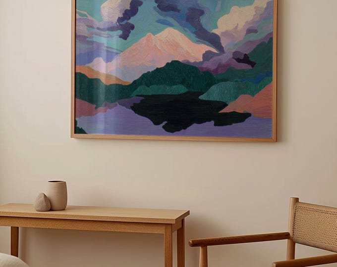 Pastel Abstract Mountain Landscape Wall Art Print, Dreamy Pink Clouds Framed Wall Art, Colorful Surreal Nature Canvas, Modern Boho Decor