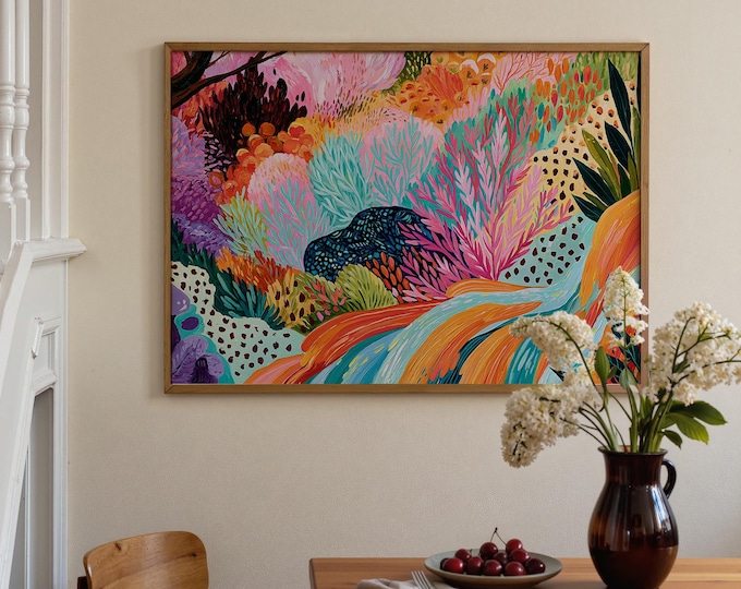 Colorful Abstract Landscape Wall Art Print, Maximalist Eclectic Home Decor, Funky Floral Painting, Vibrant Dopamine Artwork, Boho Arts