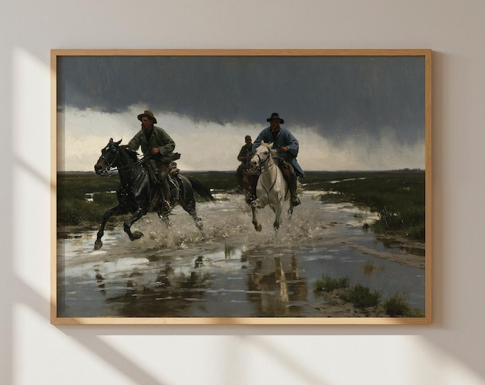 Western Cowboy Wall Art Print, Horseback Riding Canvas, Wild West Landscape Painting, Ranch Decor, Rustic Cowboy Artwork, Western Art