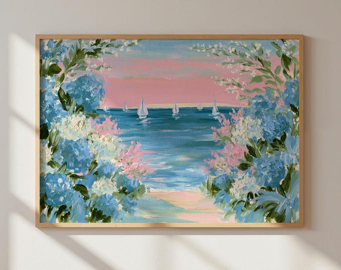 Floral Coastal Oil Painting Print, Ocean Wall Art, Sailboat Seascape, Pink Blue Beach Decor, Hydrangea Wall Art, Coastal Cottage Decor