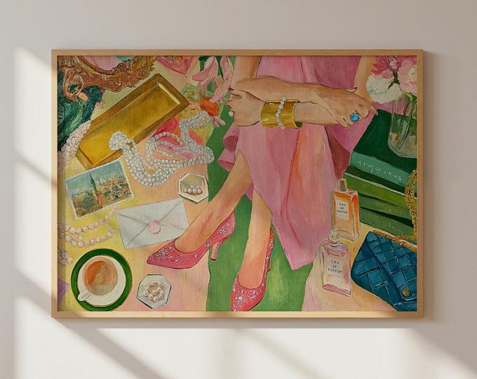 Preppy Wall Art Print, Chic Fashion Illustration, Pink Heels Painting, Feminine Room Decor, Coquette Aesthetic Art, Grandmillennial Decor