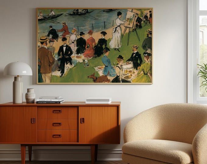 Vintage River Picnic Wall Art, Impressionist Garden Party Painting, Elegant Lakeside Gathering Print, French Country Decor