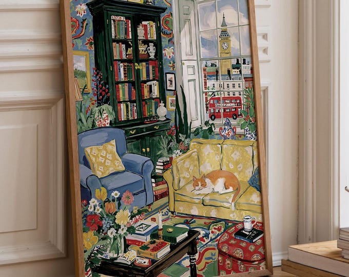English Cottage Wall Art, Cozy London Living Room Canvas Print, Big Ben Red Bus Painting, Sleeping Cat Art, Cottagecore Decor