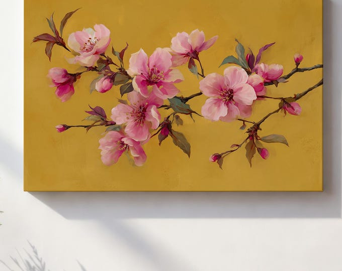 Cherry Blossom Print, Gold Leaf Floral Painting, Pink Flower Wall Art, Chinoiserie Decor, Japanese Blossom Poster, Textured Impasto Art