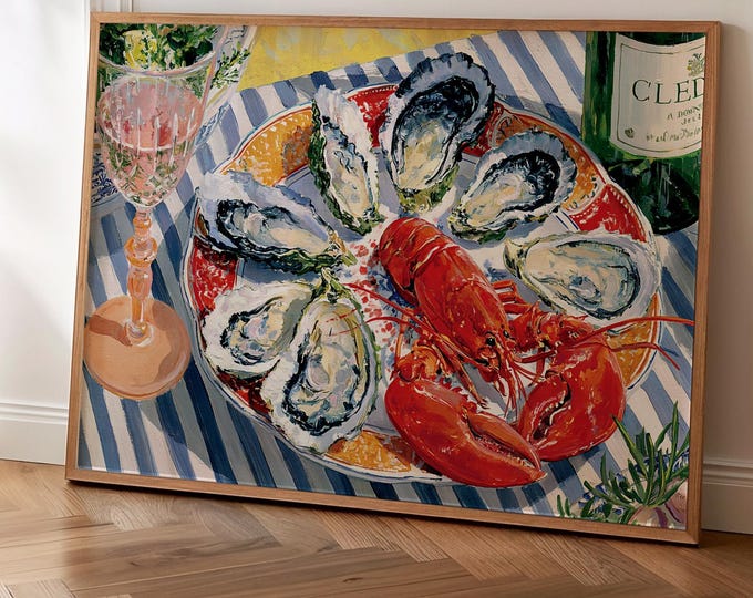 Lobster Oyster Oil Painting Print, Wine Glass Bottle Wall Art Print, Preppy Bar Cart Decor, Coastal Kitchen Art, Seafood Dining