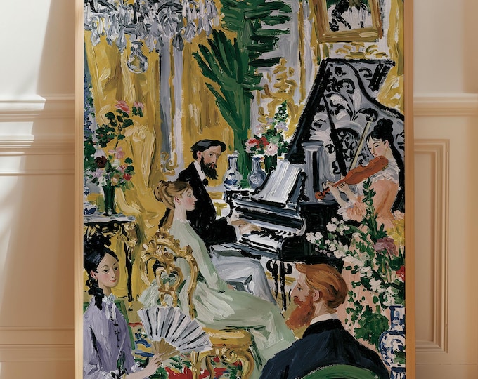 Elegant Piano Concert Wall Art Print, French Salon Painting, Classical Music Room Decor, Vintage European Interior Canvas Art