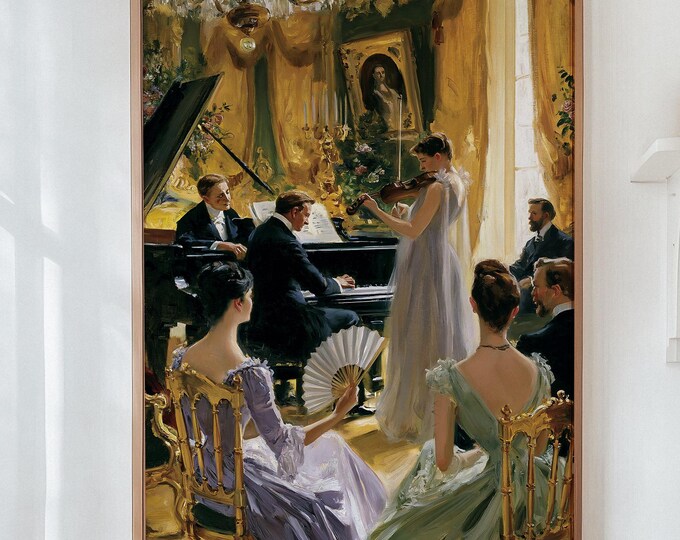 Elegant Piano Concert Wall Art Print, French Salon Painting, Classical Music Room Decor, Vintage European Interior Canvas Art