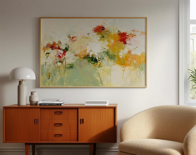 Green Abstract Wall Art Print, Colorful Botanical Painting, Modern Contemporary Art Print, Large Spring Floral Canvas, Living Room Decor
