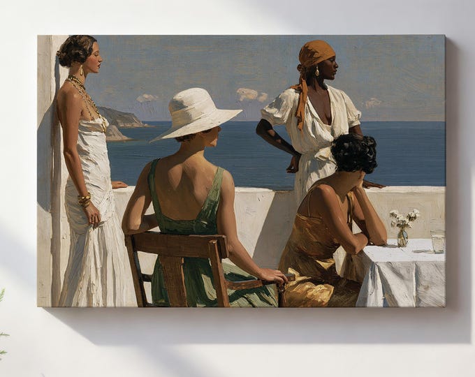 Coastal Women Wall Art Print, Mediterranean Cafe Painting, Old Money Decor, Summer Fashion Canvas, European Vacation Wall Art