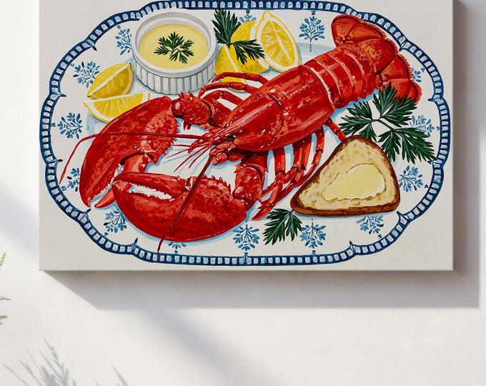 Coastal Lobster Wall Art Print, Nautical Kitchen Decor, French Seafood Painting, Lemon Lobster Canvas, Coastal Cottage Wall Decor