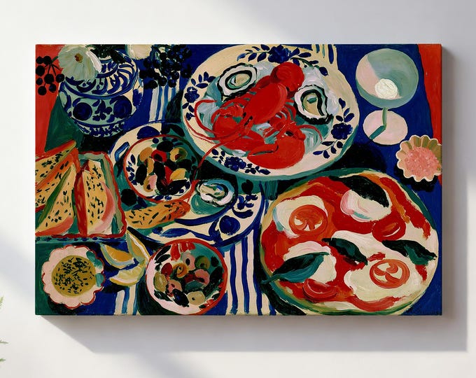 Coastal Italian Food Wall Art Print, Lobster Oyster Pizza Mediterranean Kitchen Decor, Blue White Stripe Seafood Painting, French Bistro Art