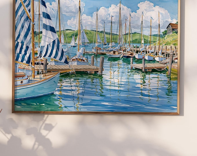 Watercolor Sailboat Wall Art Print, Coastal Home Decor, Nautical Marina Painting, Preppy Beach House Art, Coastal Grandmother Landscape