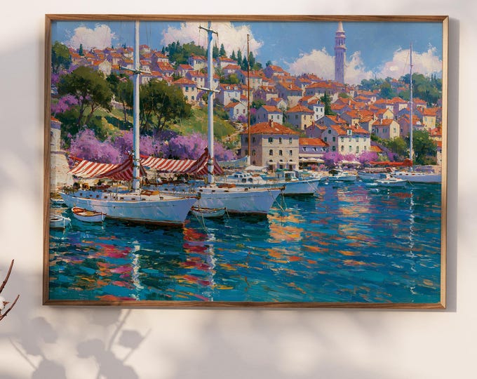 Mediterranean Village Wall Art Print, European Summer Coastal Decor, Italian Riviera Harbor Painting, Vibrant Impressionist Travel Art