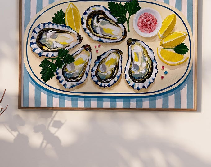 Oyster Wall Art Print, Coastal Kitchen Decor, Oyster Painting, Seafood Wall Art, French Bistro Canvas, Beach House Dining Room Decor