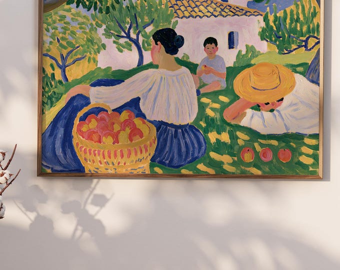 Woman Under Tree Painting Print,Wall Art Print, Apple Orchard Art, Mediterranean Countryside Decor, Vintage Folk Art, Cottagecore Canvas