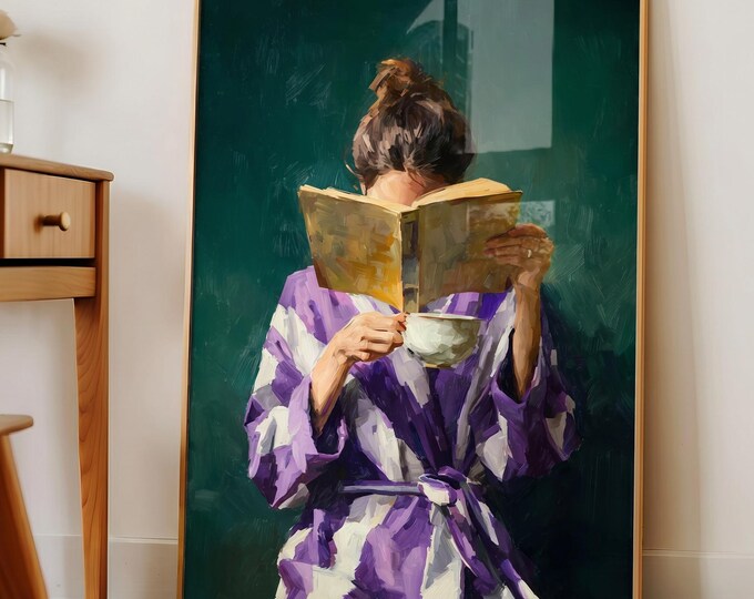Green Oil Painting Print, Woman Reading Art, Vintage Style Wall Art, Cozy Aesthetic Canvas, Bedroom Decor, Soft Feminine Wall Decor