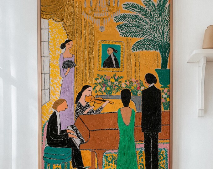 Elegant Piano Concert Wall Art Print, French Salon Painting, Classical Music Room Decor, Vintage European Interior Canvas Art