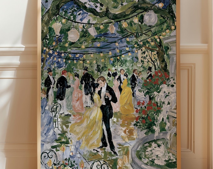 Romantic Garden Party Wall Art Print, Elegant Ballroom Dance Painting, Vintage Wedding Reception Decor, European Garden Canvas Art