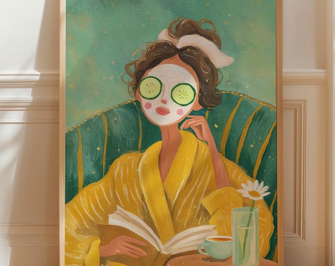 Spa Girl Oil Painting Print, Cucumber Face Wall Art, Self Care Bathroom Decor, Yellow Daisy Artwork, Aesthetic Woman Portrait Print