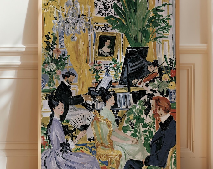 Elegant Piano Concert Wall Art Print, French Salon Painting, Classical Music Room Decor, Vintage European Interior Canvas Art