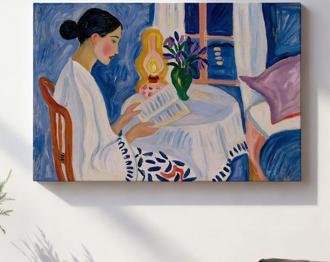 Woman Reading Wall Art Print, Blue Feminine Art Print, Cozy Interior Painting, Vintage Inspired Woman Portrait, Book Lover Wall Decor