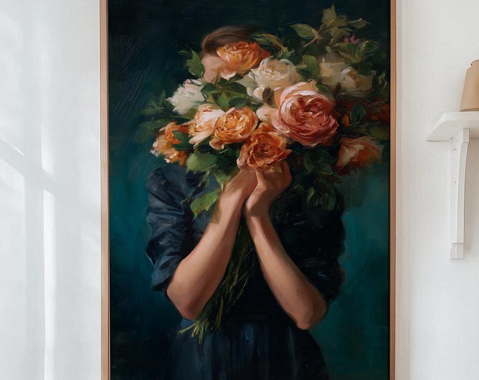 Moody Floral Portrait Oil Painting Print, Woman with Flowers Wall Art, Teal Room Decor, Fine Art Paper, Canvas, Framed Wall Art