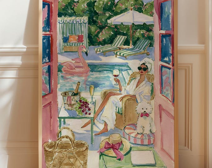 Poolside Fashion Wall Art Print, Chic Summer Resort Watercolor, Elegant Woman & Poodle Painting, Luxury Vacation Home Decor