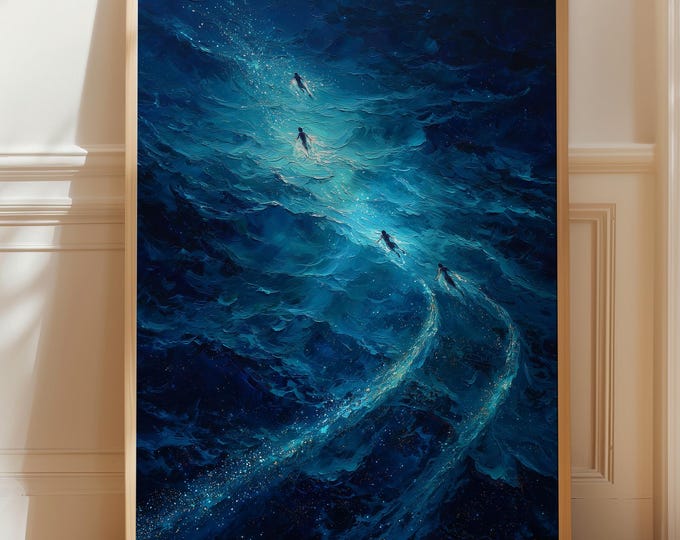 Bioluminescent Ocean Print, Night Swimming Art, Glowing Blue Water Painting, Magical Sea Wall Art, Abstract Impasto Waves, Deep Blue Decor