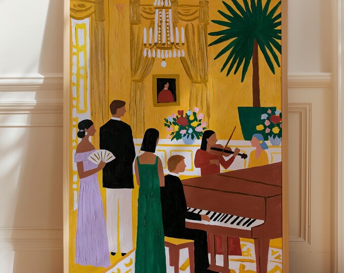 Elegant Piano Concert Wall Art Print, French Salon Painting, Classical Music Room Decor, Vintage European Interior Canvas Art