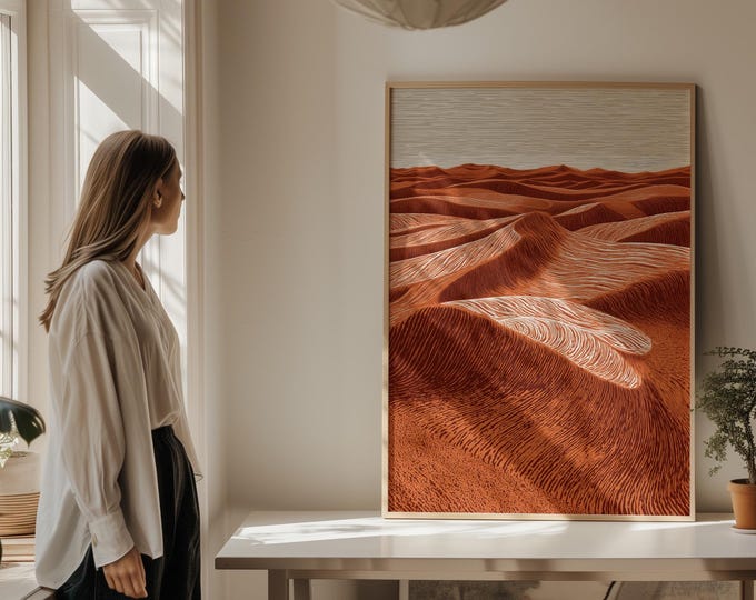 Terracotta Mountain Wall Art Print, Abstract Landscape Canvas, Burnt Orange Line Art Decor, Boho Framed Wall Art, Minimalist Desert Art